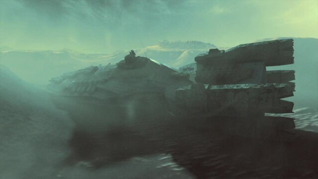 High quality cinematic 3D CGI render of the vast hulk of a crashed derelict spaceship, dead and long abandoned on the valley floor of this alien landscape, in alien teal color scheme