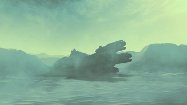 High quality cinematic 3D CGI render of the ruined hulk of a crashed derelict spaceship, dead and long abandoned on the valley floor of this alien landscape, in teal color scheme