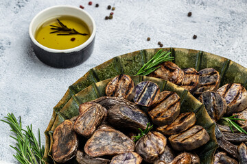 Sweet purple potatoes fries. Clean eating, dieting, vegan food concept. top view. banner, menu, recipe place for text, top view