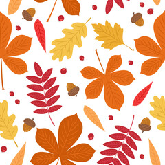 Autumn pattern with cute leaves, berries and acorns. Seamless background, vector illustration in flat cartoon style