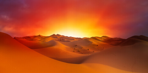 Beautiful sand dunes in the Sahara desert at sunrise - Sahara, Morocco - obrazy, fototapety, plakaty