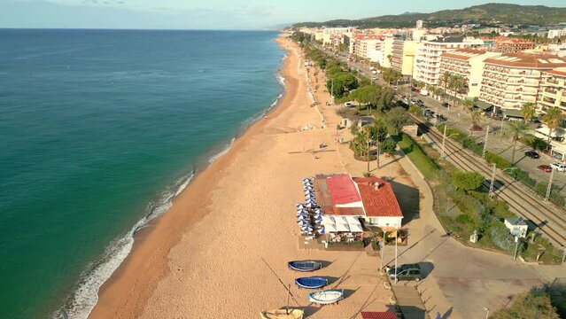 Pineda de Mar beach without people Santa Susanna Costa del Maresme province of Barcelona in Spain aerial views with drone