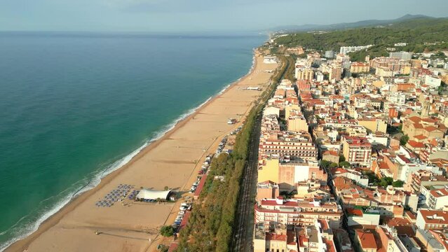 Pineda de Mar beach without people Santa Susanna Costa del Maresme province of Barcelona in Spain aerial views with drone
