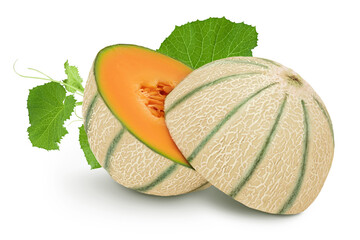 Cantaloupe melon isolated on white background with full depth of field, - obrazy, fototapety, plakaty
