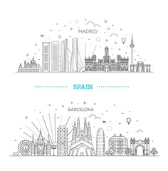 Banner of Madrid city skyline in flat line trendy style. Madrid city line art. Barcelona and Madrid - obrazy, fototapety, plakaty