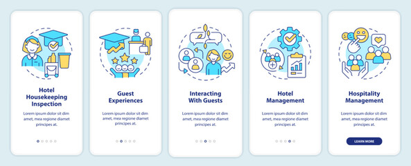 Hotel training programs onboarding mobile app screen. Guest experience walkthrough 5 steps editable graphic instructions with linear concepts. UI, UX, GUI template. Myriad Pro-Bold, Regular fonts used