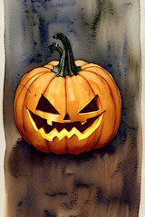 Obraz premium atmospheric watercolour portrait of a pumpkin / jack o lantern on halloween night, muted colors