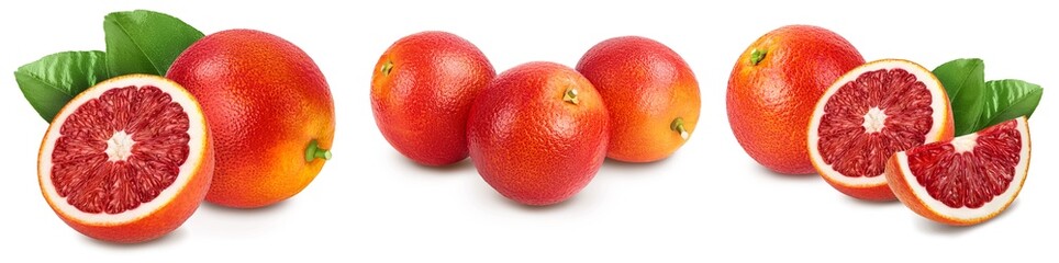 Blood red oranges isolated on white background with full depth of field. Set or collection