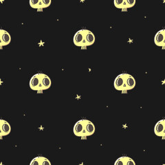 Seamless pattern with cute skulls on  black background. Halloween doodle wallpaper. Autumn cartoon print.