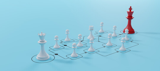 Management and organization.Business process management and automation concept with chess on flowchart diagram.Workflow implementation to improve productivity and efficiency.3d render and illustration
