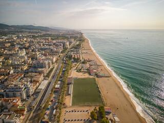 Aerial image with drone on the beach of Pineda de Mar in the Maresme coast of Barcelona