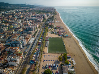 Fototapeta premium Aerial image with drone on the beach of Pineda de Mar in the Maresme coast of Barcelona