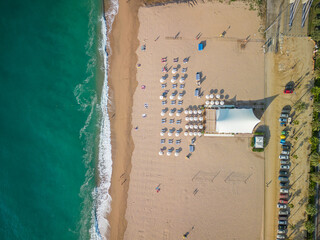 Aerial image with drone on the beach of Pineda de Mar in the Maresme coast of Barcelona Aerial view...