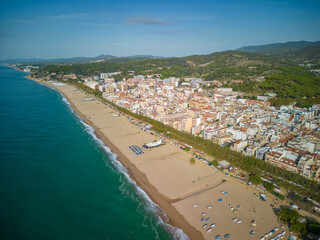 Aerial image with drone on the beach of Pineda de Mar in the Maresme coast of Barcelona