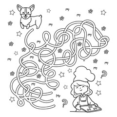 Maze or Labyrinth Game. Puzzle. Tangled road. Coloring Page Outline Of cartoon girl chef with large pot. Little cook for dog. Profession. Coloring book for kids.