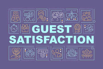 Fototapeta na wymiar Guest satisfaction in hospitality industry word concepts purple banner. Infographics with editable icons on color background. Isolated typography. Vector illustration with text. Arial-Black font used