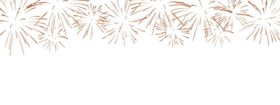 Rose gold firework, thin brush stroke lines. Isolated png illustration, transparent background. Wide panorama design element for overlay, montage, collage. Happy new year concept.