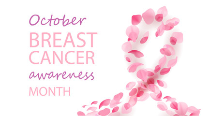Pink ribbon made of pink petals, breast cancer awareness symbol, vector illustration. For web, print, title