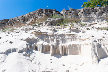 Close-up of crumbling sandy shore. The problem of soil erosion and landslides.