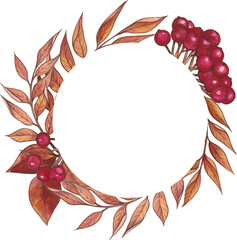 Watercolor colorfull autumn leaves with berries