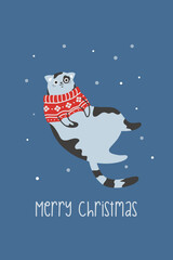 Vector New Year card. Cute cat sitting in a red Christmas. Cute New Year's cat in the snow 