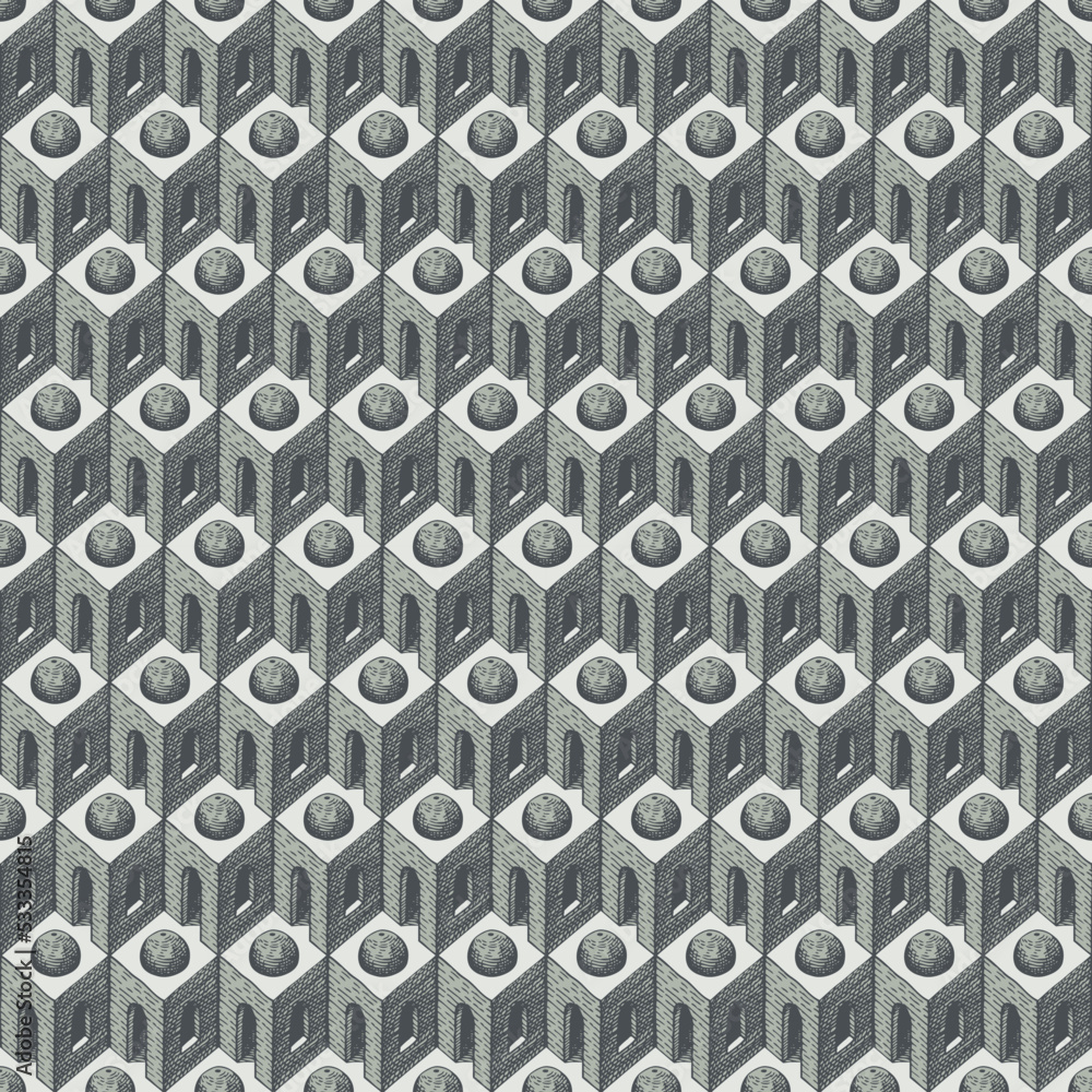 Poster seamless pattern with pencil drawings of architectural elements. abstract vector texture, suitable f
