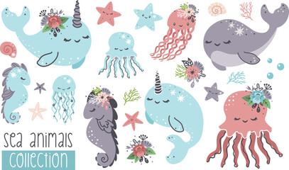 Vector collection of marine animals. Cute whale, seahorse, jellyfish, starfish, air bubbles, flocks of fish, narwhal, coral, flowers. Cute animals of the ocean 