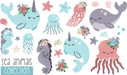 Cercles muraux Vie marine Vector collection of marine animals. Cute whale, seahorse, jellyfish, starfish, air bubbles, flocks of fish, narwhal, coral, flowers. Cute animals of the ocean 