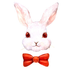 Obraz premium 蝶ネクタイと白うさぎの顔の手描き水彩風イラスト