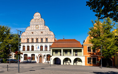 Historic XIII century Town Hall Ratusz building and Odwach Guardhouse at Rynek main market square in historic old town quarter of Stargard in Poland - 533355086