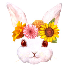 Obraz na płótnie Canvas 花をたくさん付けた白いウサギの顔の手描き水彩風イラスト