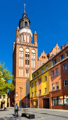 Panorama of Rynek main market square with St. Mary Collegiate church, town museum and Odwach Guardhouse in historic old town quarter of Stargard in Poland