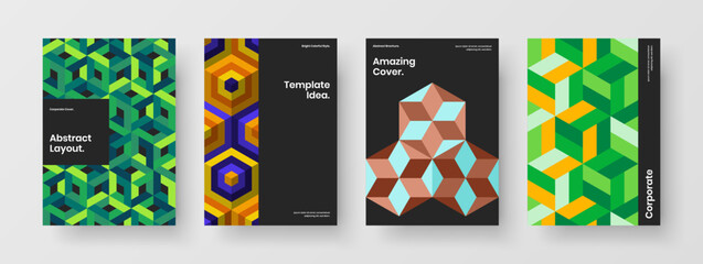 Unique company brochure A4 design vector template bundle. Simple geometric pattern presentation concept set.