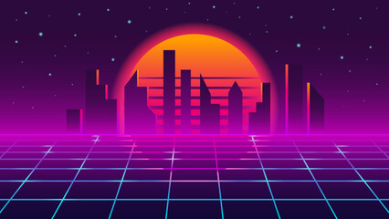 Neon cyberpunk city at sunset, 80s retro style. Vector stock illustration.