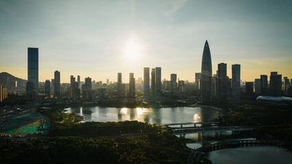 Obraz premium Aerial view of sunset landscape in Shenzhen city,China