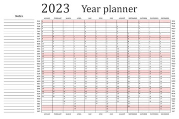 Calendar planner for 2023. Wall organizer, annual planner template. Vector illustration. Vertical months. One page. Set for 12 months.