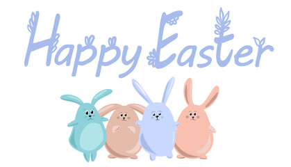 Happy Easter greeting card with cute bunny. Rabbit character set. Animal wildlife holidays cartoon.