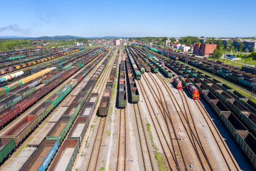 Aerial view of railways lines and freight trains of the station. It is major railway station and transportation hub