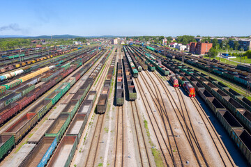 Aerial view of railways lines and freight trains of the station. It is major railway station and...
