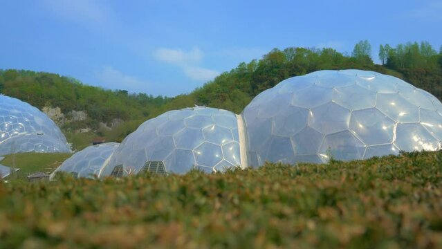 Eden project bio sphere wideshot with blue sky and trees