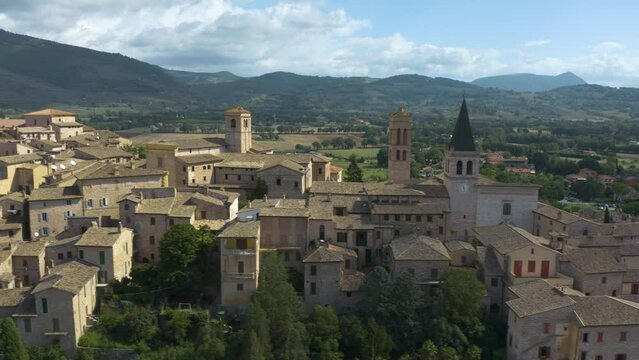 Aerial Sliding Shot Reveals Picturesque Town Spello in Italy's Umbria Region