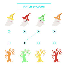 Match cute cartoon ghosts and trees by color.