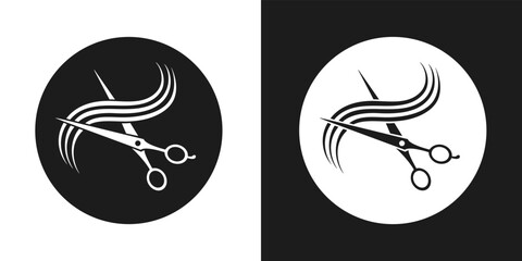 Hairdressing salon logo with hairdresser scissors cutting strand of long hair in round frame. Black and white isolated logotype or icon. Vector element of minimalist design, barbershop concept.
