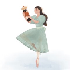 Cute ballerina with a little nutcracker. Gentle illustration with a girl in a ballet tutu holding a wooden nutcracker figurine. Hand drawn illustration in pastel colors.