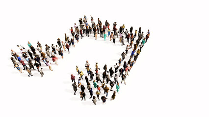 Concept conceptual large community of people forming themusic sign. 3d illustration metaphor for melody, tempo, multimedia, composition, harmony or classic sound