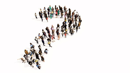 Concept conceptual large community of people forming the question mark. 3d illustration metaphor for communication, interrogation, advice, creative thinking, solution, support