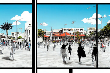 Obraz premium Cartoon drawing Nicosia Cyprus March People walking at the liberty square with the modern and f uturistic architecture in Nicosia the capital city of Cyprus , style U1 1