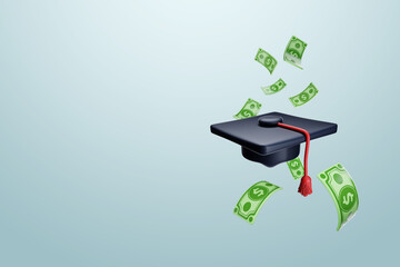 Fototapeta na wymiar Graduation cap against the background of falling dollars. The concept of the cost of education, the price of tuition, taxes, college loan. 3D illustration, 3D render. Modern design, magazine style.