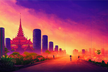 Cartoon style Landscape Phnompenh on sunset Phnom penh capital Cambodia , style U1 1