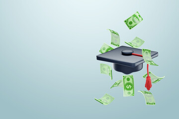 Graduation cap against the background of falling dollars. The concept of the cost of education, the price of tuition, taxes, college loan. 3D illustration, 3D render. Modern design, magazine style.